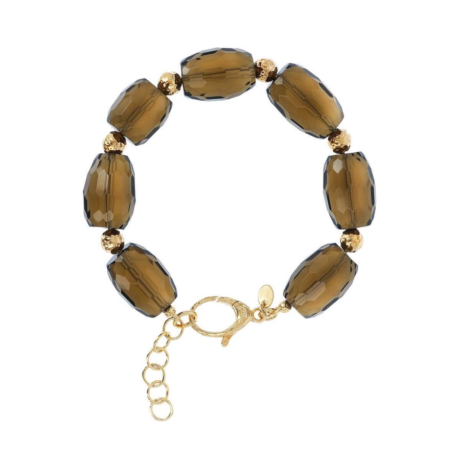 Bracciali Etrusca Gioielli | Bracciale In Argento 925 Placcato Oro Giallo 18Kt Con Quarzo Marrone E Sfere Martellate