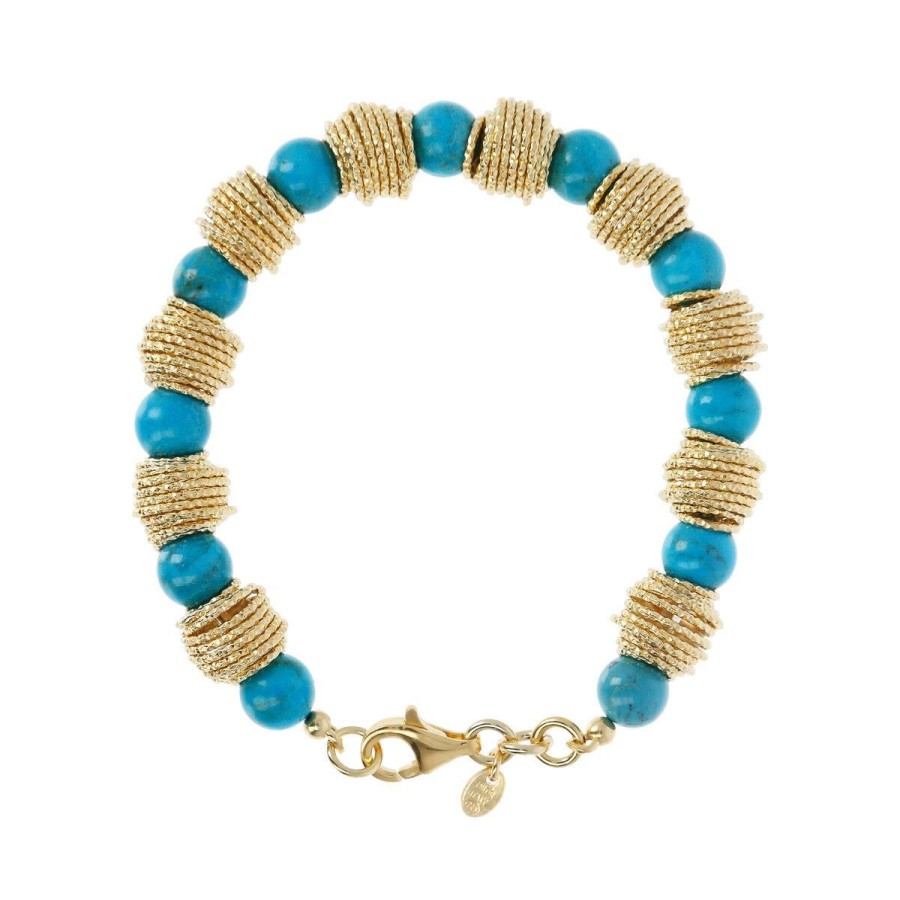 Bracciali Etrusca Gioielli | Bracciale In Argento 925 Placcato Oro Giallo 18Kt Con Rondelle Lavorate E Pietra Naturale Turchese