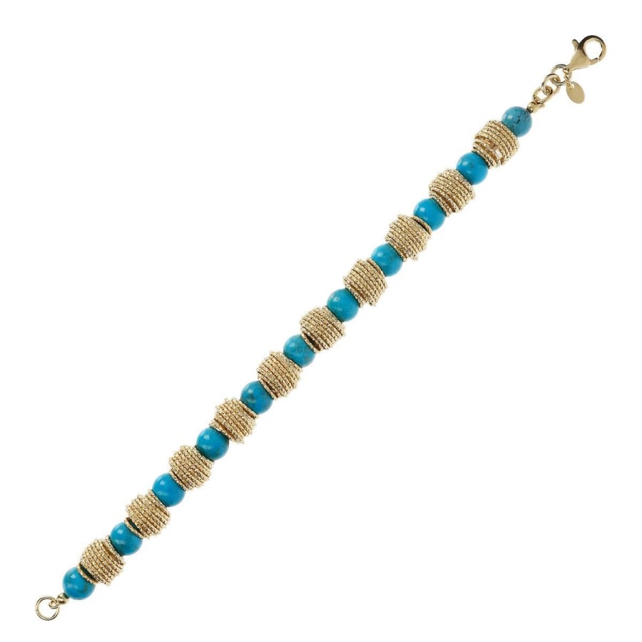 Bracciali Etrusca Gioielli | Bracciale In Argento 925 Placcato Oro Giallo 18Kt Con Rondelle Lavorate E Pietra Naturale Turchese