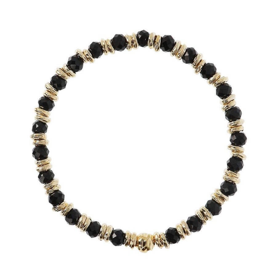 Bracciali Etrusca Gioielli | Bracciale Elastico Con Rondelle Golden E Pietra Naturale Spinello Nero