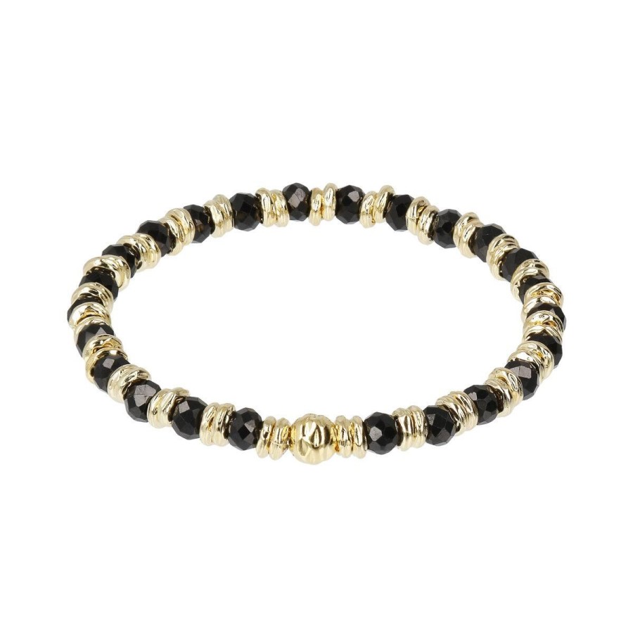 Bracciali Etrusca Gioielli | Bracciale Elastico Con Rondelle Golden E Pietra Naturale Spinello Nero