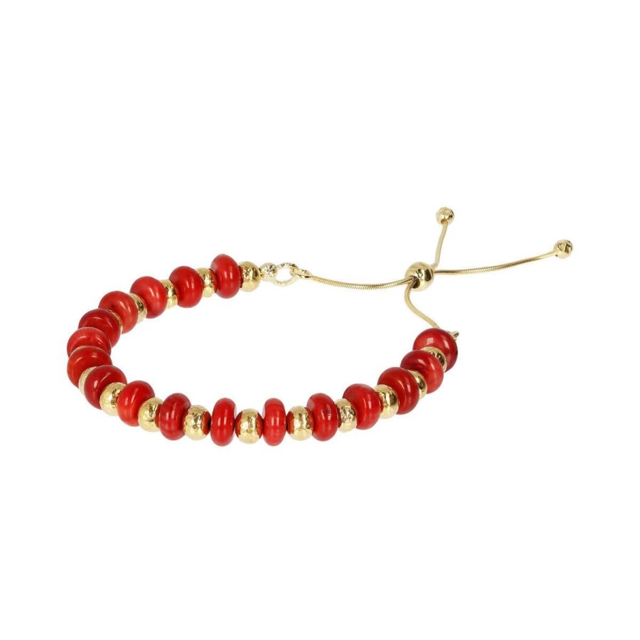 Bracciali Etrusca Gioielli | Bracciale Con Sfere Golden Martellate E Pietra Naturale Corallo Bambu Rosso