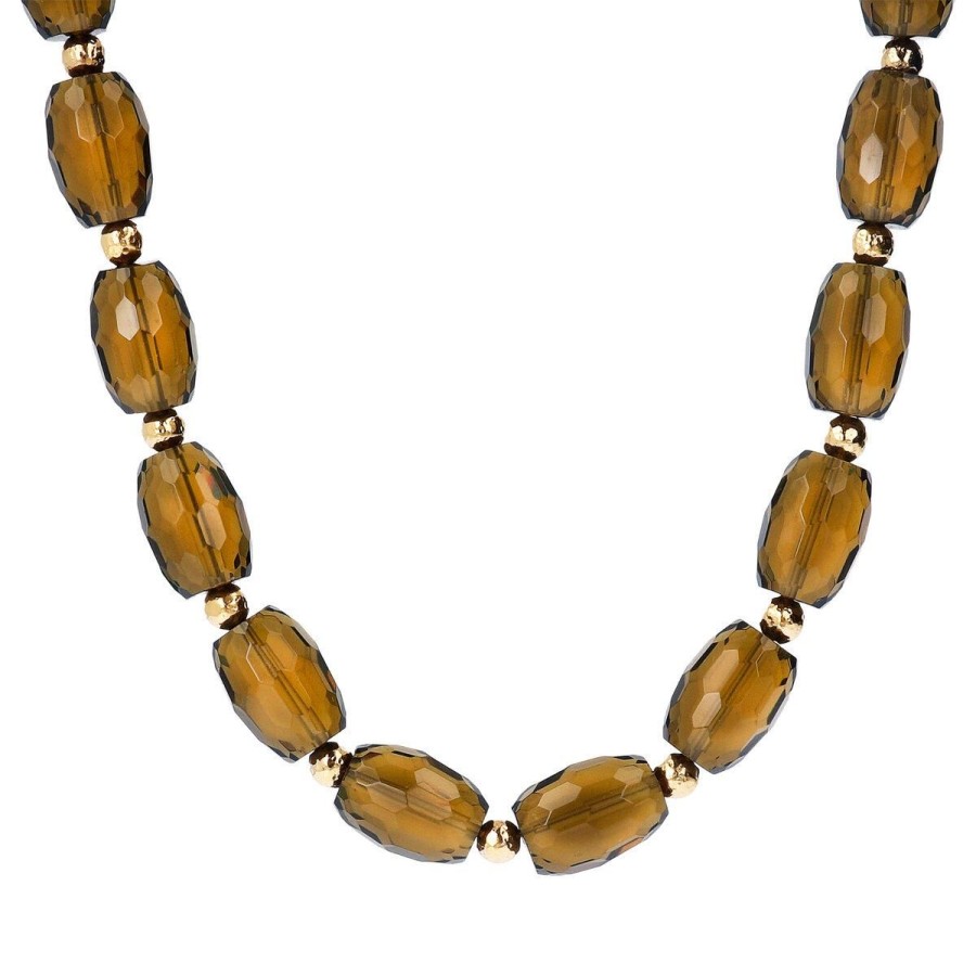 Collane Etrusca Gioielli | Collana Girocollo In Argento 925 Placcata Oro Giallo 18Kt Con Quarzo Marrone E Sfere Martellate