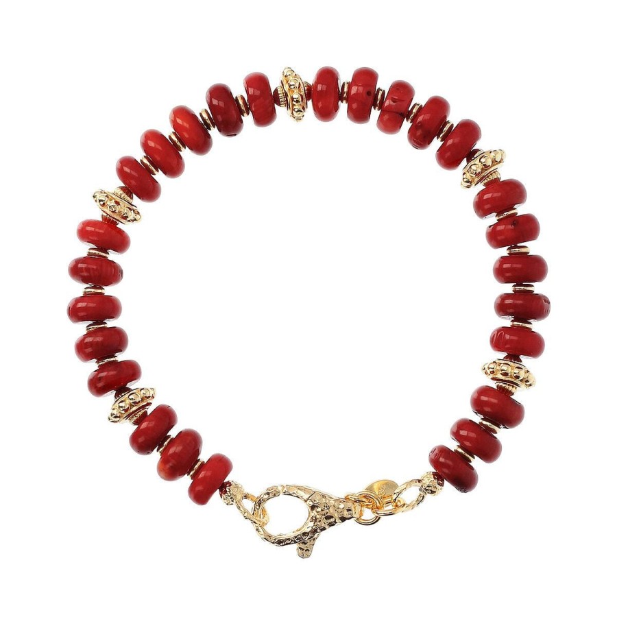 Bracciali Etrusca Gioielli | Bracciale In Corallo Bambu Rosso Con Rondelle Lavorate