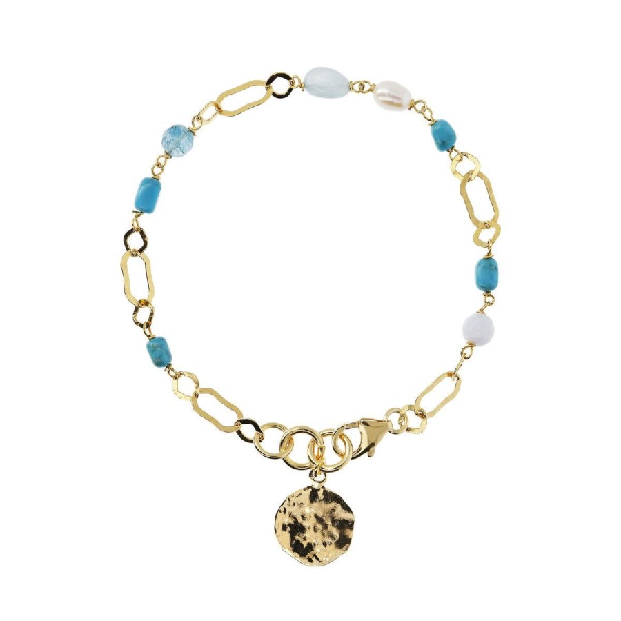 Bracciali Etrusca Gioielli | Bracciale Catena Martellata Con Perle Bianche Pietre Naturali Blu E Pendente Disco