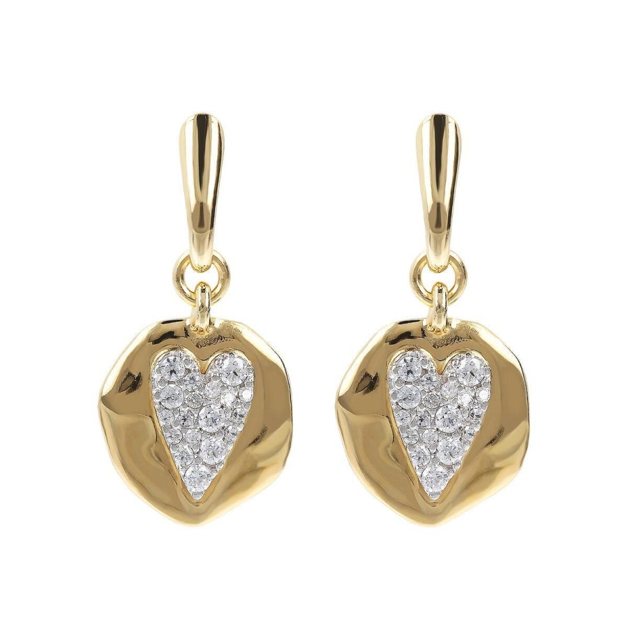 Orecchini Etrusca Gioielli | Orecchini Pendenti Con Tondo Martellato E Cuore Pave In Cubic Zirconia