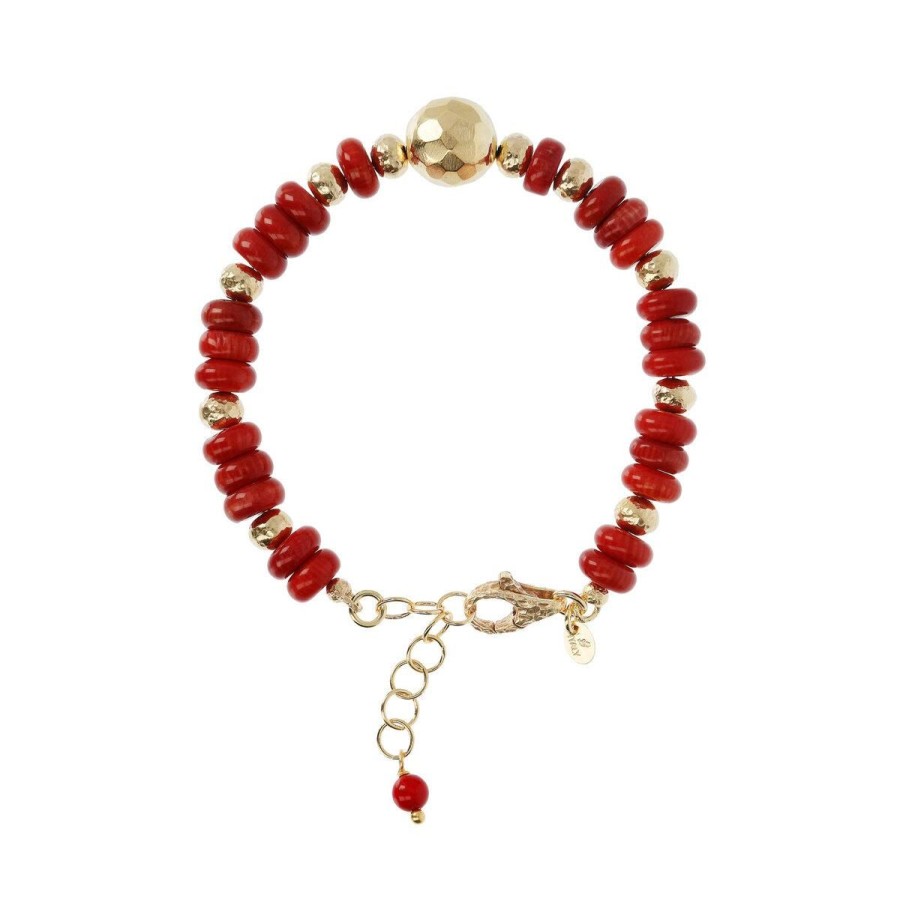 Bracciali Etrusca Gioielli | Bracciale Con Sfera Martellata E Pietra Naturale Corallo Bambu Rosso