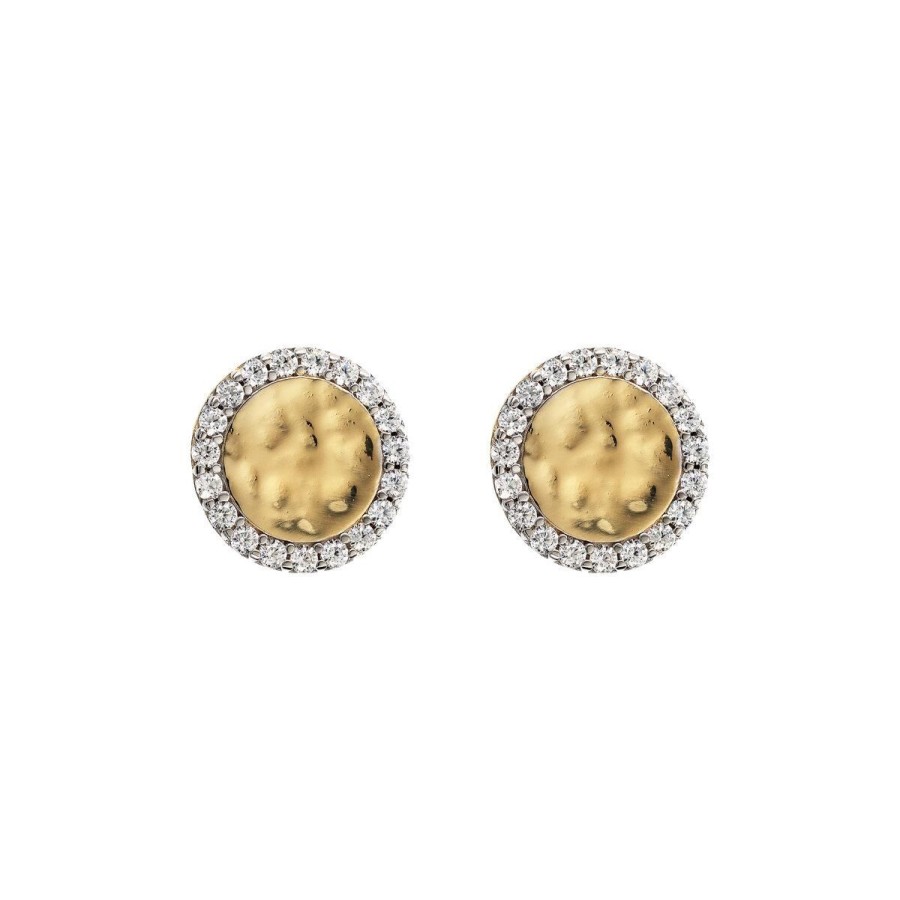 Orecchini Etrusca Gioielli | Orecchini A Lobo In Argento 925 Placcati Oro Giallo 18Kt Con Disco Martellato E Pave In Cubic Zirconia