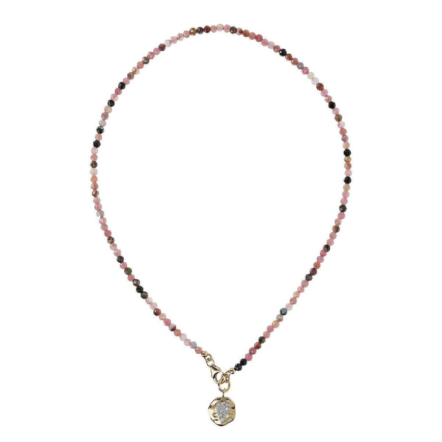 Collane Etrusca Gioielli | Collana Girocollo In Tormalina Multicolore E Ciondolo Martellato Con Cuore Pave In Cubic Zirconia