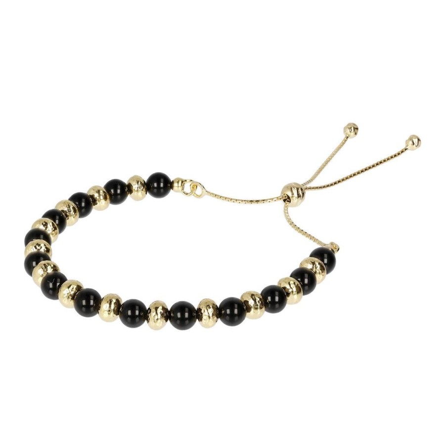 Bracciali Etrusca Gioielli | Bracciale Con Sfere Golden Martellate E Pietra Naturale Onice Nero